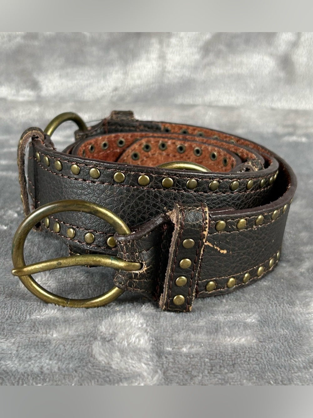 Versatile Leather Belt Womens XL Brown Antique Brass Grommets Studs & Rings Boho